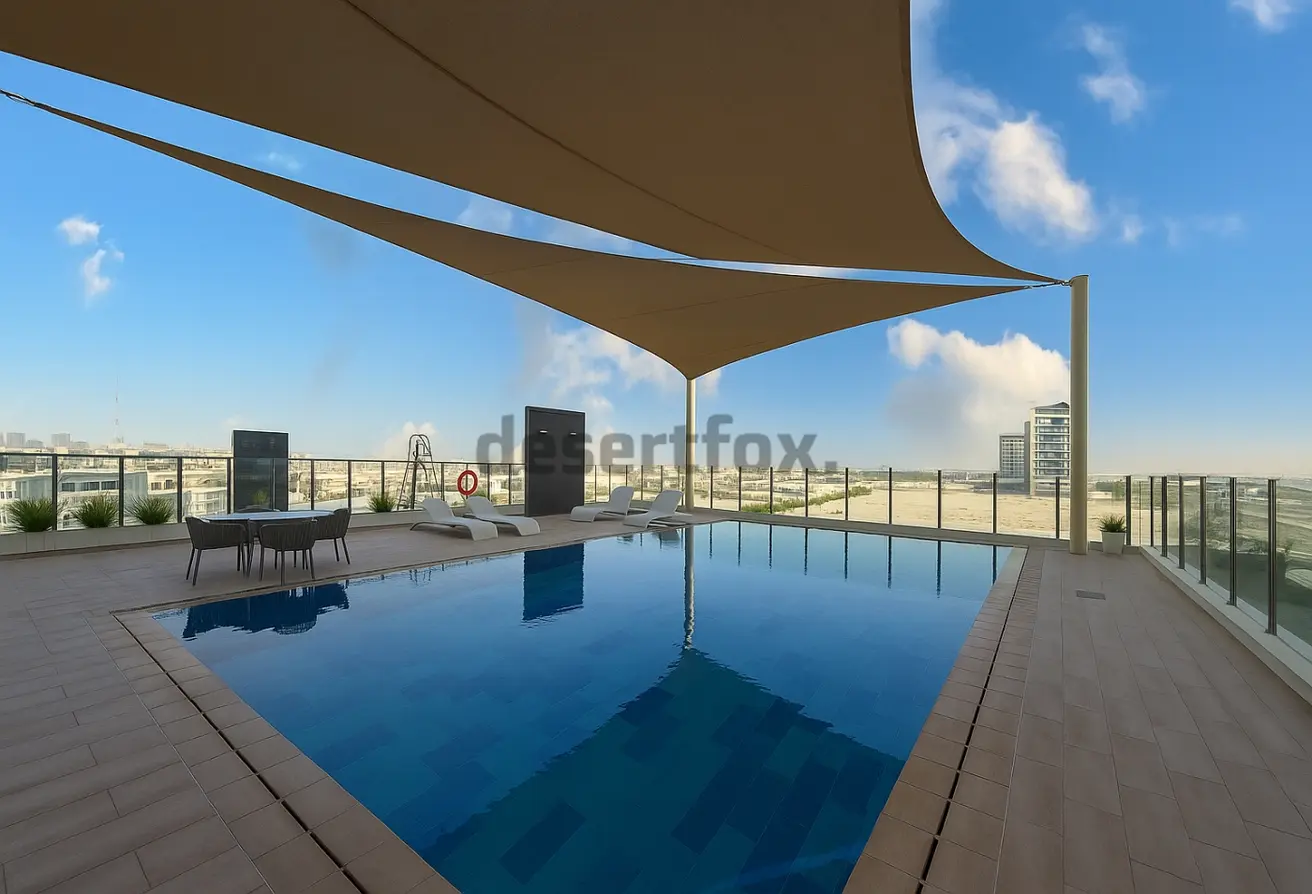 Swimming Pool view in Furjan Azizi for Rent Fully Furnished with desertfox Real Estate