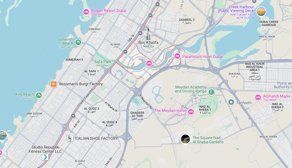 View of the Business Bay Map in Dubai and its borders 