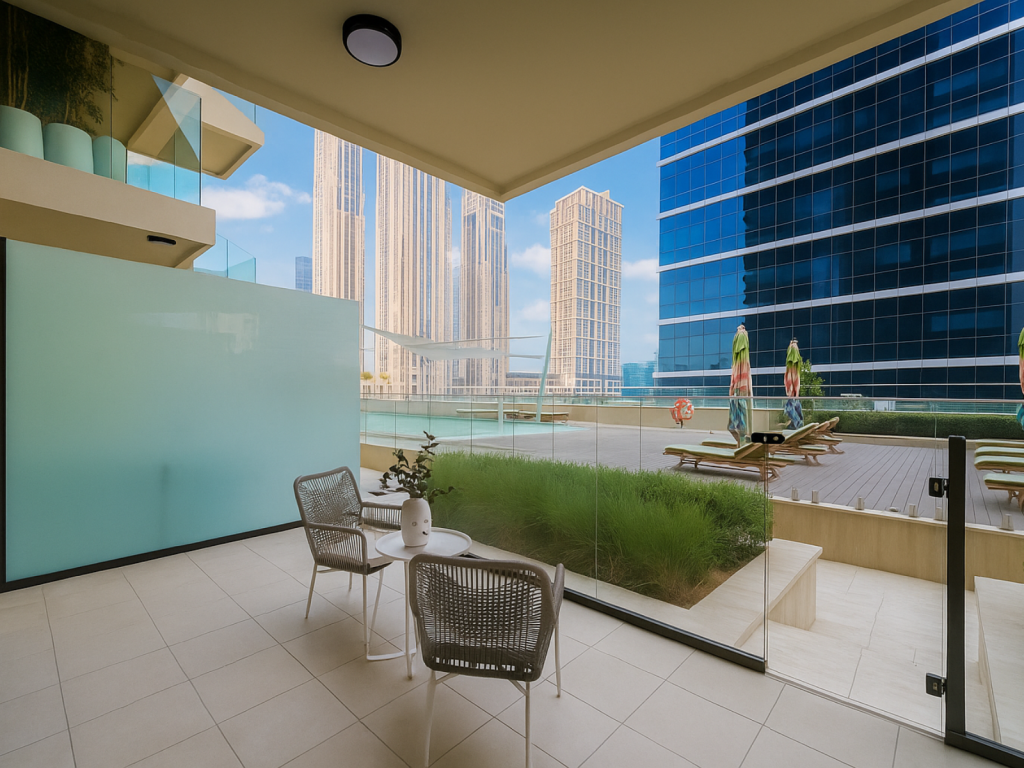 Urban Oasis desertfox Holiday Homes Studio Unit balcony facing the pool with direct access