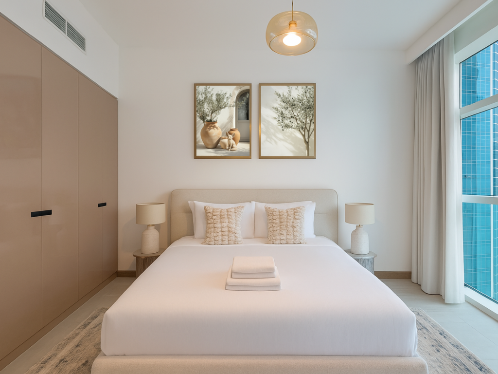 View of the studio king bed in Urban Oasis business bay designed and furnished by desertfox Real Estate 
